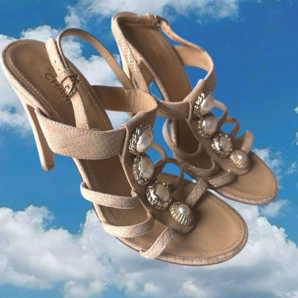 CHANEL Pumps Metallic Gold Beige Size 38.5 Sling Back Open Sling Back Pearls